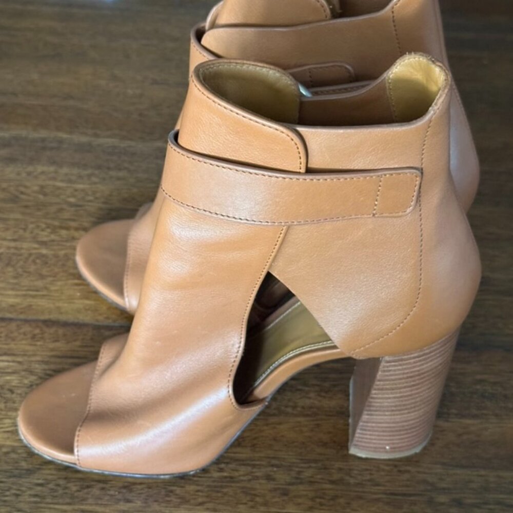 Chloe | Millie Peep Toe Bootie Tan Leather Heels Shoes View 2